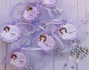 24 organza bags with mini rosaries included and thank you card-girl communion favors- Christening Baptism girl favors -first communion favor