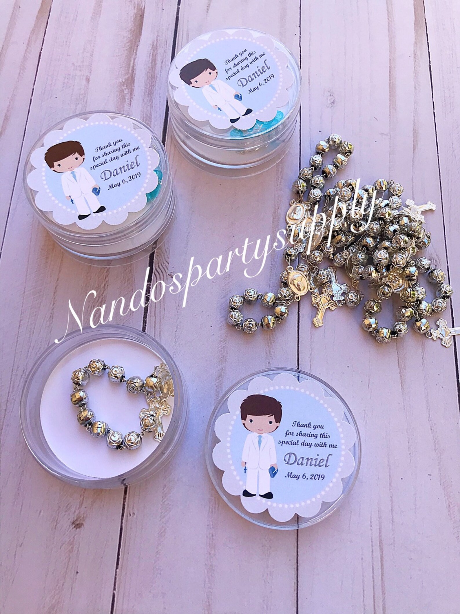12 Baptism Favors Boxes With Mini Rosaries- Boy Baptism Favors- Boy ...