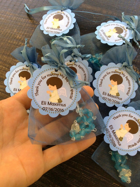 24 organza bags with mini rosaries included and thank you card- Boy Baptism favors- Christening Baptism boy favors -blue baptism favor