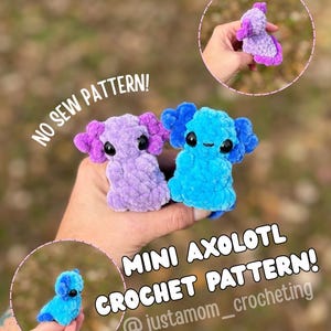 Könnte beinhalten: Zwei Mini-Häkel-Axolotl, einer lila und einer blau, werden gezeigt. Die Axolotl haben schwarze Augen und fransige Kiemen. Das Bild enthält den Text "NO SEW PATTERN!" und "MINI AXOLOTL CROCHET PATTERN!"