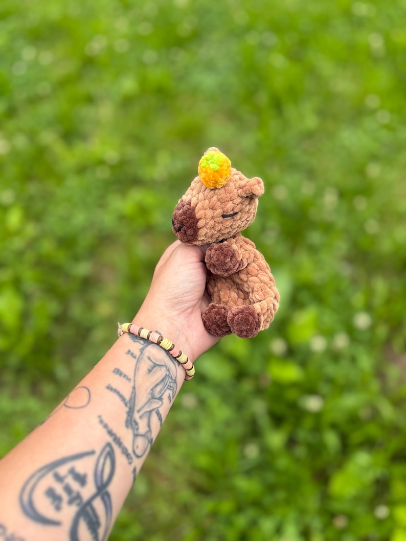 K&ouml;nnte beinhalten: Ein kleines, handgefertigtes Capybara-Pl&uuml;schtier aus H&auml;kelarbeit in Braunt&ouml;nen, mit einer kleinen gelb-gr&uuml;nen Krone. Das Pl&uuml;schtier wird in einer Hand vor einem verschwommenen gr&uuml;nen Hintergrund gehalten, was die weiche Textur und die detaillierte Verarbeitung zeigt.