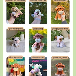 May include: A collage of nine handmade crochet cow figurines in various colors, including brown, white, and purple. The text "TESTER APPRECIATION!" is at the top, with Etsy shop usernames below each cow.