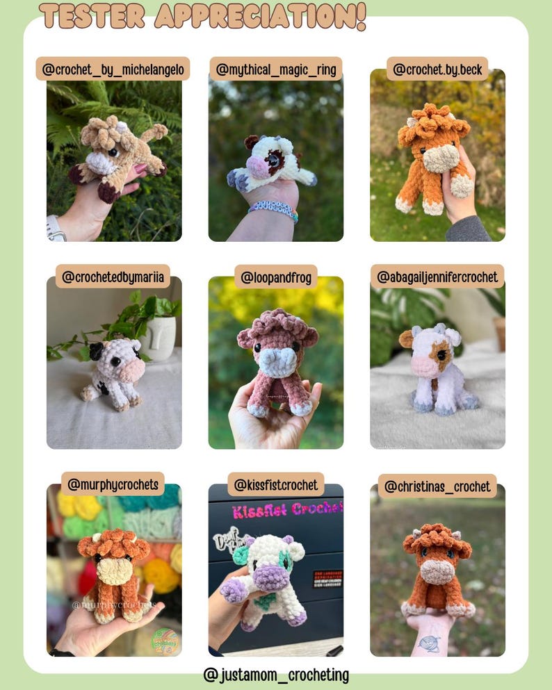 May include: A collage of nine handmade crochet cow figurines in various colors, including brown, white, and purple. The text "TESTER APPRECIATION!" is at the top, with Etsy shop usernames below each cow.