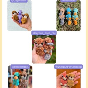 May include: Image featuring several handmade crochet platypus toys in various colors, including brown, blue, and purple. The text "tester appreciation" is at the top, with Etsy shop names below each image. These plush toys are a unique, handcrafted item.