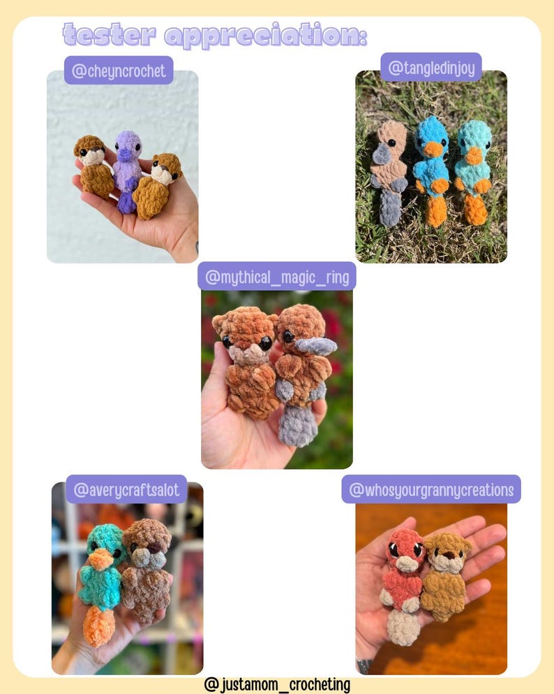 May include: Image featuring several handmade crochet platypus toys in various colors, including brown, blue, and purple. The text "tester appreciation" is at the top, with Etsy shop names below each image. These plush toys are a unique, handcrafted item.