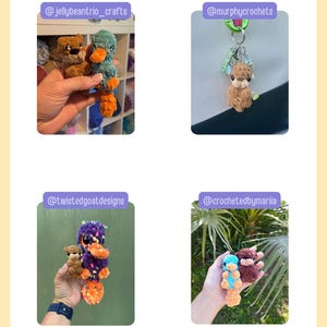 May include: Image featuring four different crocheted animal creations. The text "tester appreciation" is at the top. Each image shows a different crocheted animal, including a duck, bear, and other creatures, held by a person.