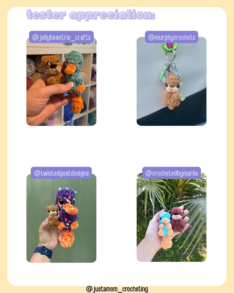 May include: Image featuring four different crocheted animal creations. The text "tester appreciation" is at the top. Each image shows a different crocheted animal, including a duck, bear, and other creatures, held by a person.
