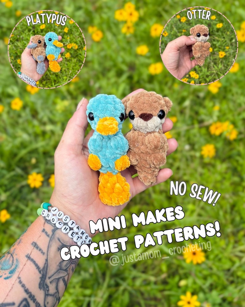 May include: A hand holds two mini crochet animal patterns: a blue and yellow platypus and a brown otter. The image includes text that reads "NO SEW! MINI MAKES CROCHET PATTERNS!"