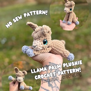 May include: A light brown crocheted llama plushie with blue accents on its feet and large blue eyes. The image includes the text "NO SEW PATTERN!" and "LLAMA PALM PLUSHIE CROCHET PATTERN! @justamom_crocheting".