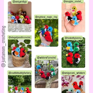 May include: A collage titled tester appreciation: featuring multiple small, colorful, crocheted bird figures in various settings. The birds are crafted in bright yarn colors including red, blue, green, and yellow, with small black eyes. Each section displays different arrangements of these handmade plush birds.