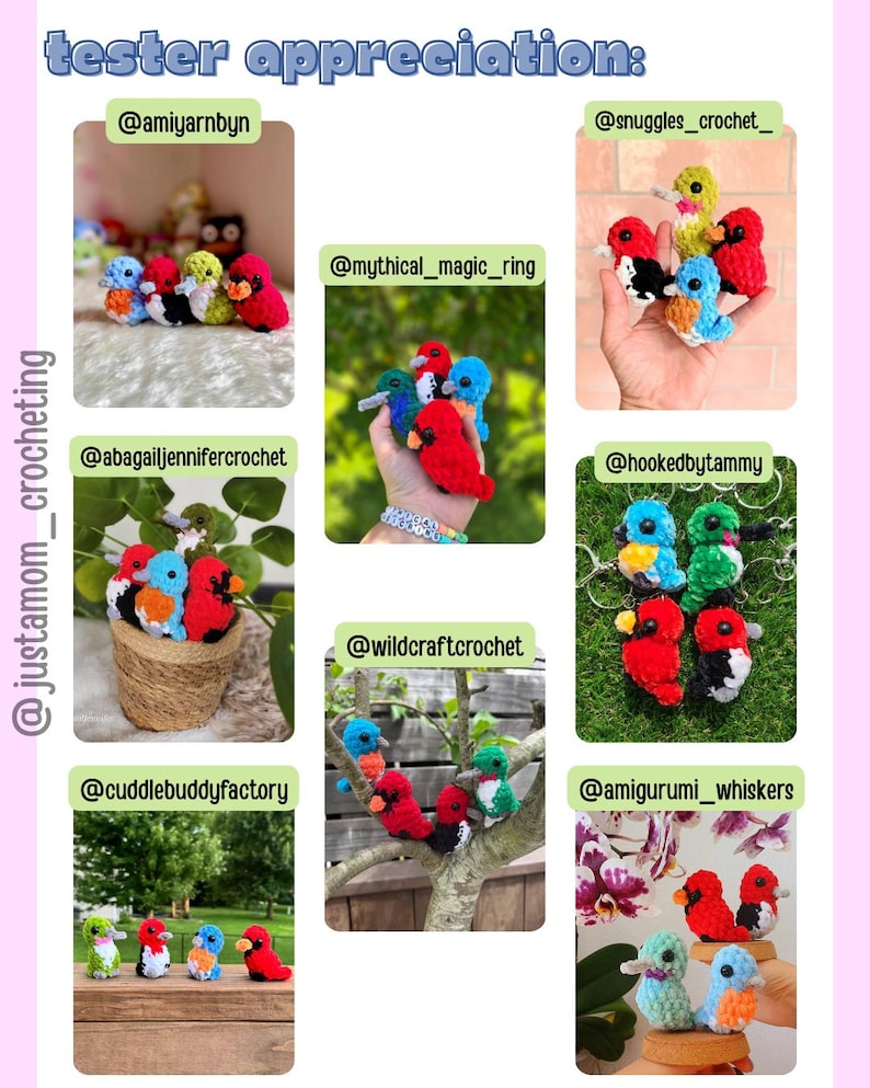 May include: A collage titled tester appreciation: featuring multiple small, colorful, crocheted bird figures in various settings. The birds are crafted in bright yarn colors including red, blue, green, and yellow, with small black eyes. Each section displays different arrangements of these handmade plush birds.