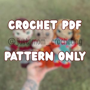 May include: Three small, handcrafted crochet dolls featuring distinct character designs in red, orange, and blue outfits. The image includes the text CROCHET PDF @justamom_crocheting PATTERN ONLY overlaid in white with a dark red outline.