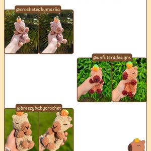 K&ouml;nnte beinhalten: Das Bild zeigt mehrere geh&auml;kelte Capybara-Pl&uuml;schtiere, jedes mit einer kleinen Karotte auf dem Kopf. Die Pl&uuml;schtiere sind in verschiedenen Braun- und Beiget&ouml;nen gehalten. Der Text "TESTER APPRECIATION!" steht oben, darunter Social-Media-Handles.