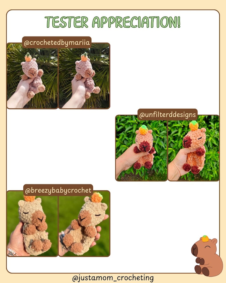 K&ouml;nnte beinhalten: Das Bild zeigt mehrere geh&auml;kelte Capybara-Pl&uuml;schtiere, jedes mit einer kleinen Karotte auf dem Kopf. Die Pl&uuml;schtiere sind in verschiedenen Braun- und Beiget&ouml;nen gehalten. Der Text "TESTER APPRECIATION!" steht oben, darunter Social-Media-Handles.