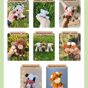 May include: A collage of handmade crochet cow figurines in various colors, including white, brown, and pink. The text "TESTER APPRECIATION!" is at the top, with Etsy shop usernames below each cow. The cows are displayed against a green background.