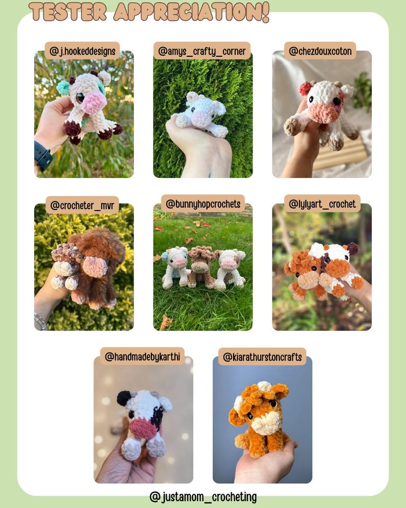 May include: A collage of handmade crochet cow figurines in various colors, including white, brown, and pink. The text "TESTER APPRECIATION!" is at the top, with Etsy shop usernames below each cow. The cows are displayed against a green background.