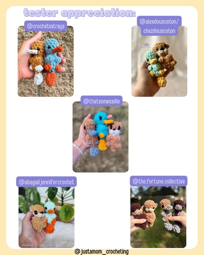 May include: A collection of handmade crochet plushies in various colors, including blue, brown, orange, and gray. The image features multiple small stuffed animals, showcasing different designs and styles. The text "tester appreciation:" is at the top.