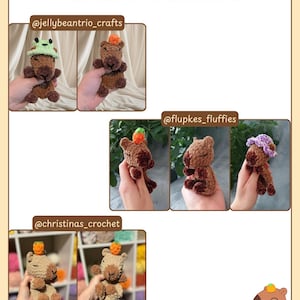 K&ouml;nnte beinhalten: Eine Collage von geh&auml;kelten Capybara-Pl&uuml;schtieren, jedes mit einzigartigen H&uuml;ten und Accessoires. Der Text "TESTER APPRECIATION!" steht oben, mit Etsy-Shop-Namen unter den Bildern. Die Capybaras sind braun und beige.