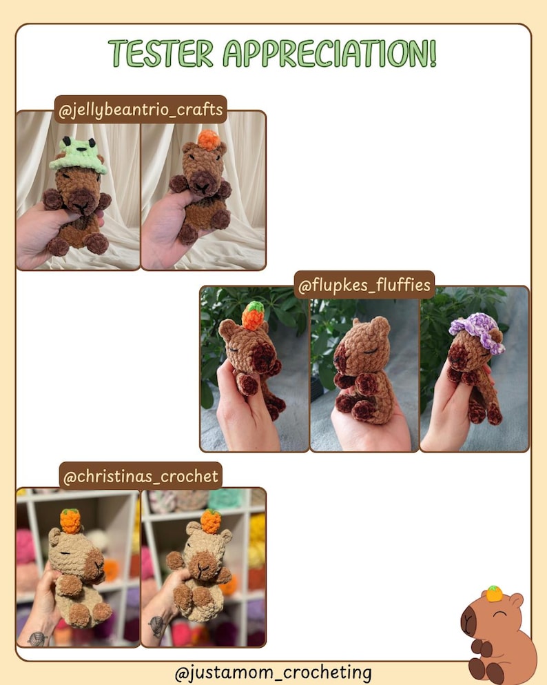 K&ouml;nnte beinhalten: Eine Collage von geh&auml;kelten Capybara-Pl&uuml;schtieren, jedes mit einzigartigen H&uuml;ten und Accessoires. Der Text "TESTER APPRECIATION!" steht oben, mit Etsy-Shop-Namen unter den Bildern. Die Capybaras sind braun und beige.