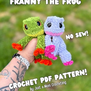 Può includere: Due peluche a forma di rana all'uncinetto, uno verde e uno lavanda, con dettagli arancioni e rosa. L'immagine include il testo "FRANNY THE FROG" e "CROCHET PDF PATTERN!" Il modello è di "Just a Mom Crocheting."