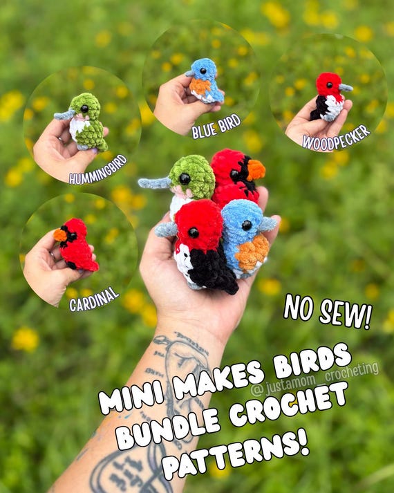 No Sew Crochet Bird Patterns: Hummingbird, Cardinal, Bluebird, Woodpecker (PDF Pattern). Mini Market Makes
