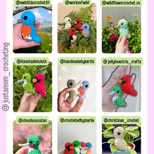 May include: A collage of nine images featuring small, handmade crochet bird figurines in various colors, including red, green, and blue. The text 'tester appreciation:' appears at the top, and '@justamom_crocheting' is on the left side.