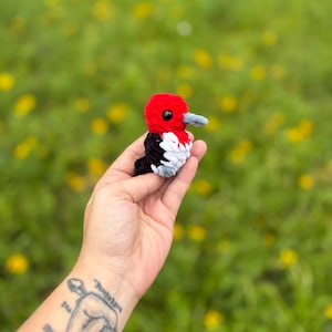 May include: A small, handcrafted crochet bird plushie featuring a bright red head, a black back, and a white chest. The bird has a small gray beak and black bead eyes, designed with a soft, textured yarn finish in a compact, palm-sized form.