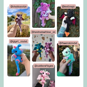 May include: Image featuring several handmade crochet dragons in various colors, including blue, purple, pink, and green. Each dragon has wings and unique details. The text "TESTER APPRECIATION!" is at the top, with Instagram handles of the creators.