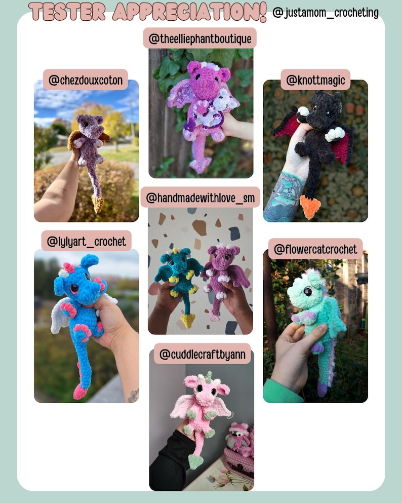 May include: Image featuring several handmade crochet dragons in various colors, including blue, purple, pink, and green. Each dragon has wings and unique details. The text "TESTER APPRECIATION!" is at the top, with Instagram handles of the creators.