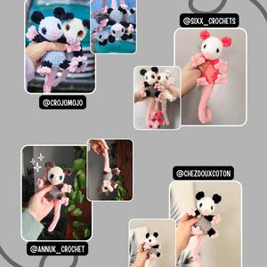 May include: A collection of crochet opossums in different arrangements. The opossums are mainly white, black, and grey, with pink details on their ears, paws, and tails. The text "TESTER APPRECIATION!" is at the top.