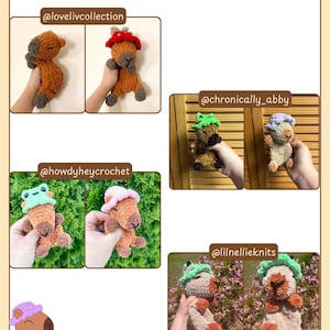 K&ouml;nnte beinhalten: Eine Collage von geh&auml;kelten Capybaras, jede mit einem einzigartigen Hut. Die Capybaras sind braun, beige und cremefarben, mit H&uuml;ten in verschiedenen Farben wie Rot, Gr&uuml;n und Lila. Der Text "TESTER APPRECIATION!" steht oben.