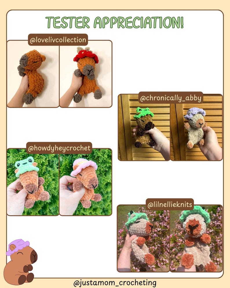 K&ouml;nnte beinhalten: Eine Collage von geh&auml;kelten Capybaras, jede mit einem einzigartigen Hut. Die Capybaras sind braun, beige und cremefarben, mit H&uuml;ten in verschiedenen Farben wie Rot, Gr&uuml;n und Lila. Der Text "TESTER APPRECIATION!" steht oben.