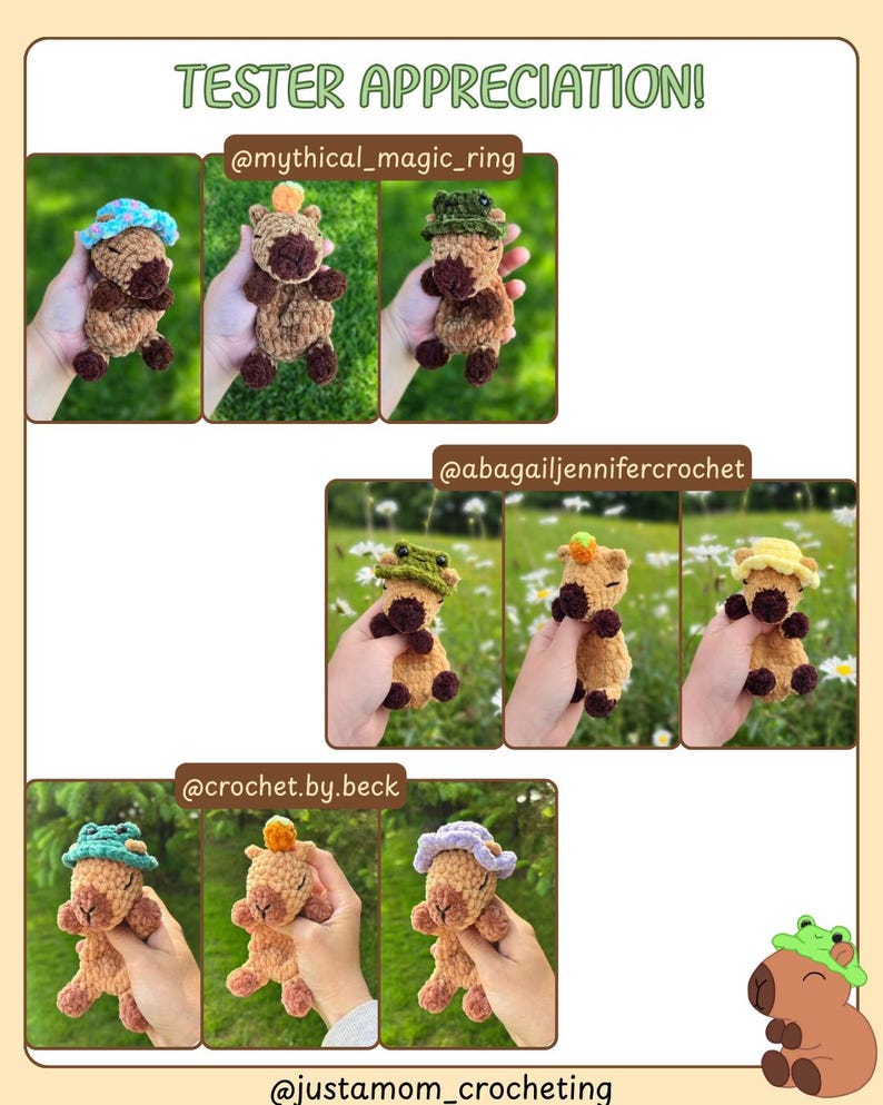 K&ouml;nnte beinhalten: Eine Collage von geh&auml;kelten Capybara-Spielzeugen, jedes mit einem einzigartigen Hut. Die Spielzeuge sind braun mit dunkelbraunen Akzenten und kleinen schwarzen F&uuml;&szlig;en. Der Text "TESTER APPRECIATION!" steht oben, mit Social-Media-Handles darunter.