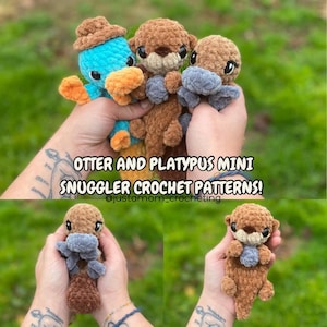 May include: Three crocheted stuffed animals: a blue platypus wearing a brown hat, a brown otter, and a brown platypus.  The animals are being held by hands.  The text "Otter and Platypus Mini Snuggler Crochet Patterns! @justamom_crocheting" is at the bottom of the image.