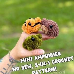 May include: Three crocheted amphibian toys in orange, brown, and green. Each has a black eye and a textured, plush appearance. The image includes text that reads "MINI AMPHIBIES NO SEW, 3-IN-1 CROCHET PATTERN!"