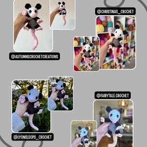 May include: A selection of crochet opossum plush toys. The opossums feature black ears, pink paws and tails, and grey and black bodies. The image includes the text "TESTER APPRECIATION!" and various social media handles.