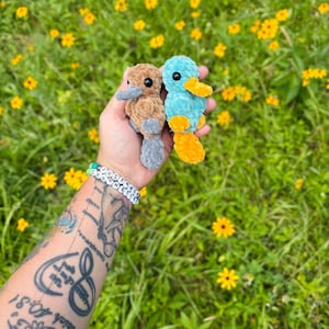 May include: Two handmade crochet platypus toys, one brown and gray, the other blue and yellow, are held in front of a background of green grass and yellow flowers. The toys have black eyes and are made of soft yarn.