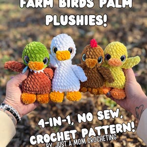May include: Four crocheted farm bird plushies in green, white, brown, and yellow, each with orange beaks and feet. The text "FARM BIRDS PALM PLUSHIES!" and "4-IN-1, NO SEW, CROCHET PATTERN!" are displayed. The creator's name is also included.