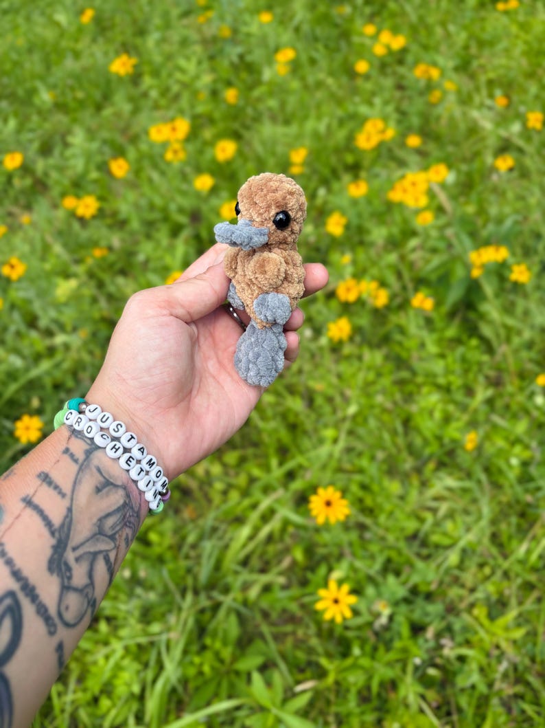 May include: A small, handmade crochet platypus in shades of brown and gray. The plush toy has black eyes and a gray bill and feet. The background is a field of green grass and yellow flowers.