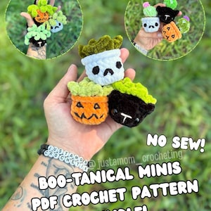 May include: A collection of small, handmade crochet plant figures in various colors, including green, orange, black, and white. The figures are shaped like pumpkins, cacti, and other plants. The text "BOO-TANICAL MINIS PDF CROCHET PATTERN BUNDLE!" is visible.