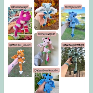 May include: A collection of handmade crochet dragons in various colors, including pink, blue, orange, and green. Each dragon has wings and is held up by a person. The text "TESTER APPRECIATION!" is at the top of the image.