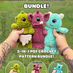 May include: Three plush crochet monster toys in green, magenta, and light blue. The green monster has a white loincloth, the magenta one has ears and a horn, and the blue one has horns. Text reads: MAKE-A-MONSTER BUNDLE! 3-IN-1 PDF CROCHET PATTERN BUNDLE!