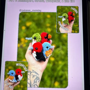 May include: A collection of small crocheted birds including a green hummingbird, a red cardinal, a black and white woodpecker, and a blue bird. The text reads mini makes series Part 4: Hummingbird, Cardinal, Woodpecker, & Blue Bird.