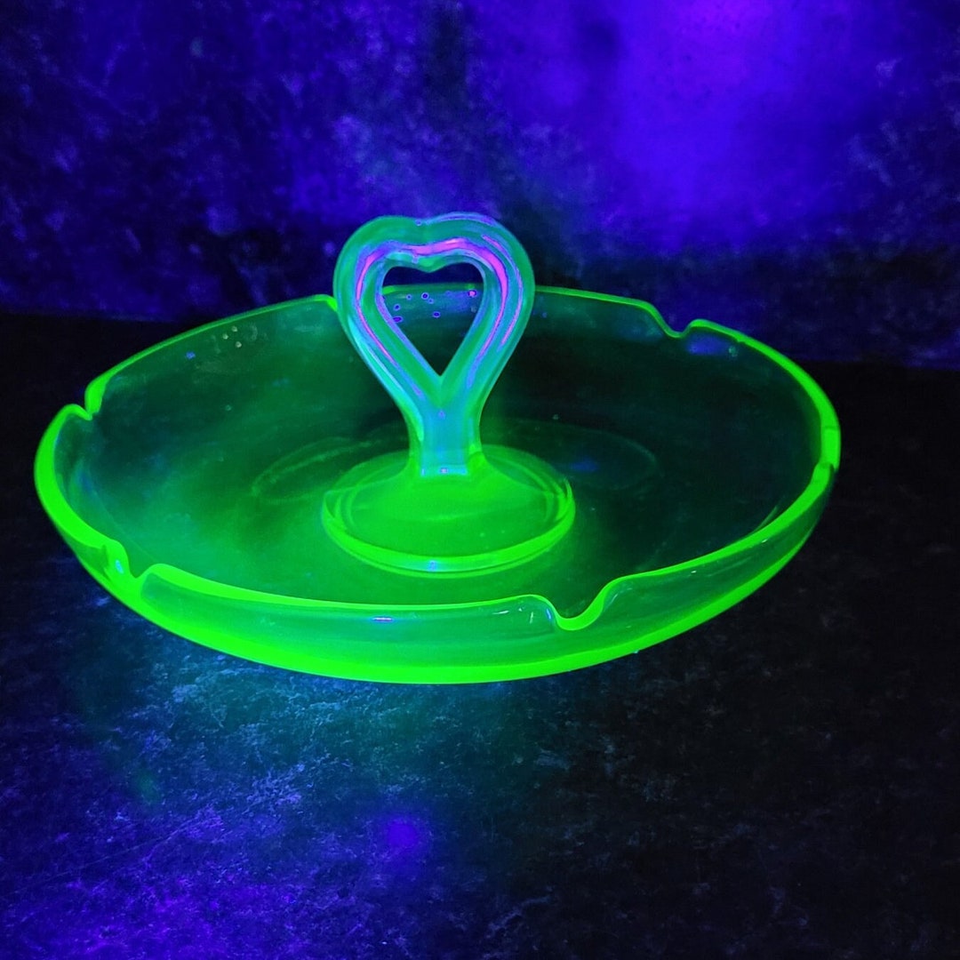 Vintage Uranium Glass Ashtray or Tidbit Tray With Heart Handle Etsy