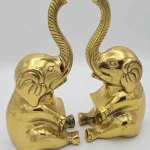 Vintage Genuine Solid Brass elephant Bookends Heavy Pair. Trunk up 9h boho Hollywood regency image 2