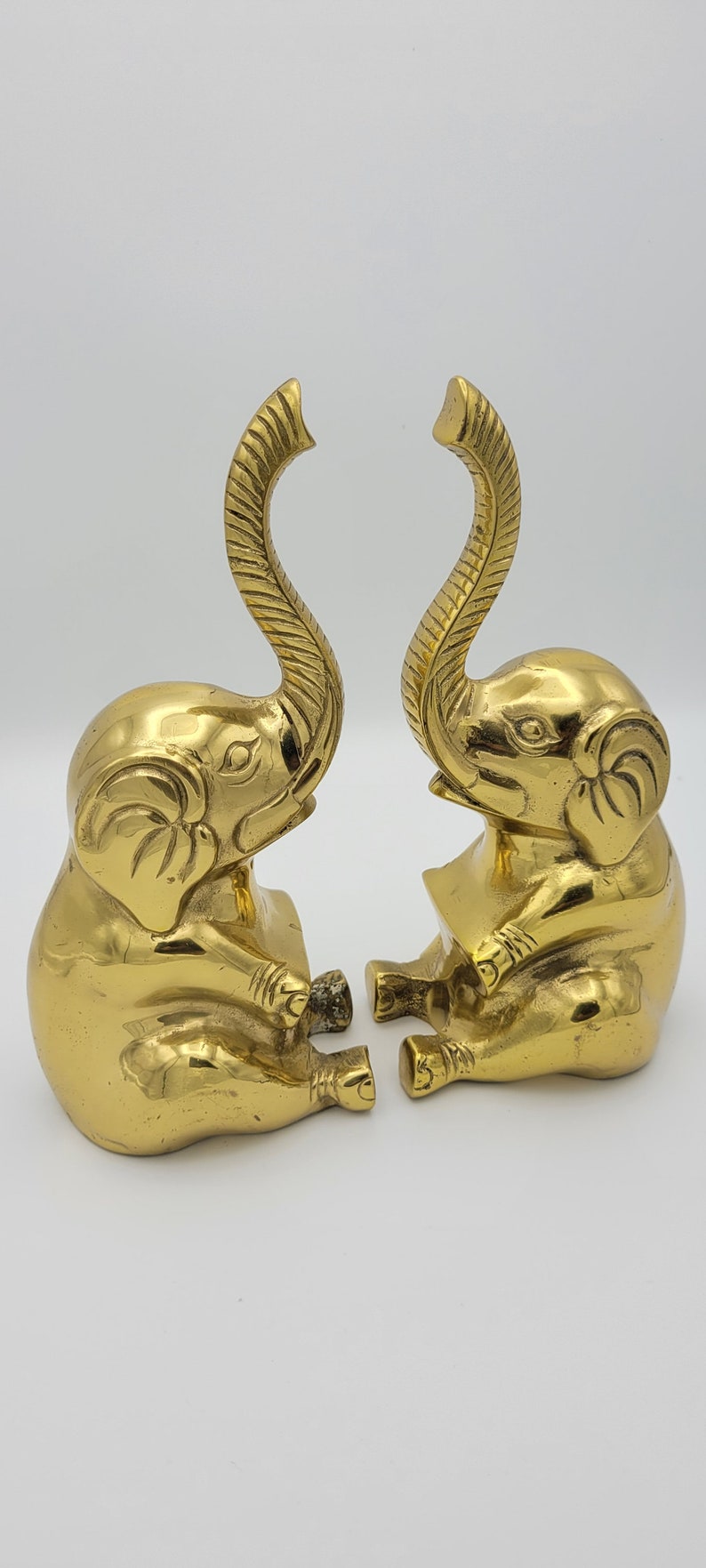 Vintage Genuine Solid Brass elephant Bookends Heavy Pair. Trunk up 9h boho Hollywood regency image 2