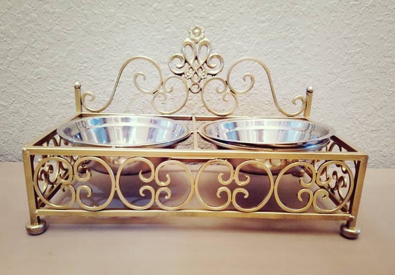 Fancy metal dog or cat bowl french 
