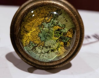 1.5" Decorative Knob /Antique Brass Metal Knob with Map/ GLOBE Metal PULL/ Aqua Blue & Yellow Atlas Glass Knob/ Nautical Furniture Knob
