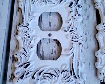 Distressed White flower rose Scroll Metal Outlet Cover or single switch or double switch cover custom colors available