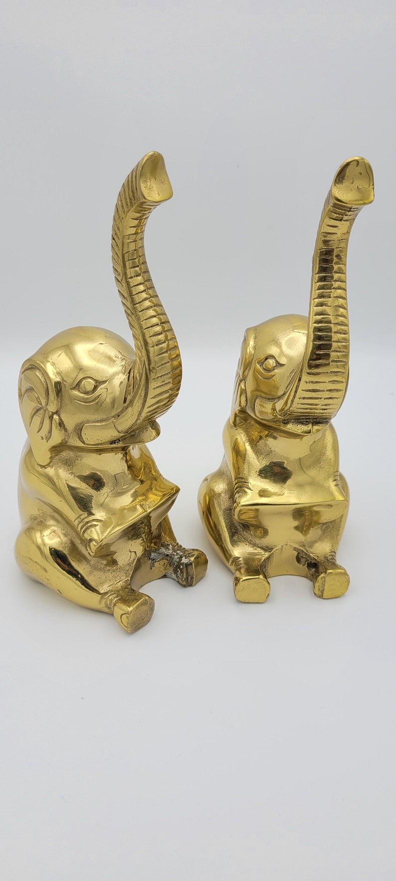 Vintage Genuine Solid Brass elephant Bookends Heavy Pair. Trunk up 9h boho Hollywood regency image 3